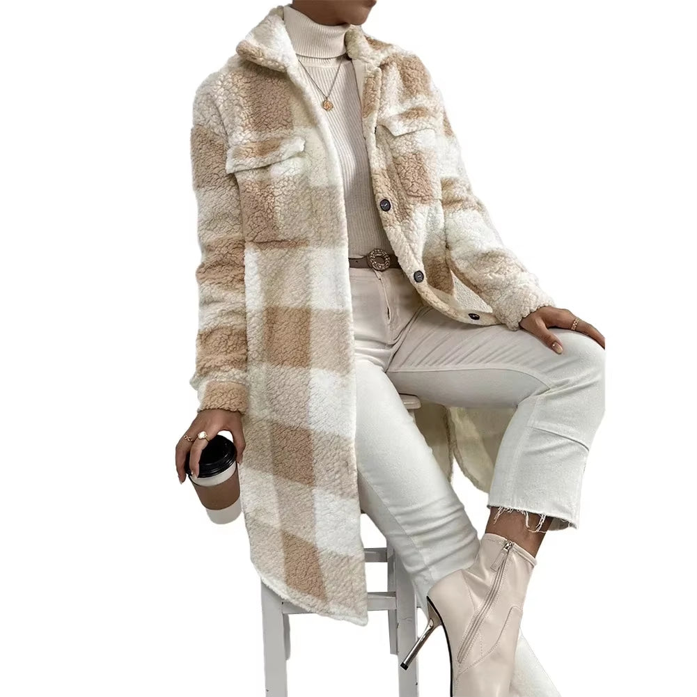 Outwear Jacket Holiday Ladies Winter Warm Outwear Plaid Long Jacket Shacket Cardigan Womens Tartan Check Jacket