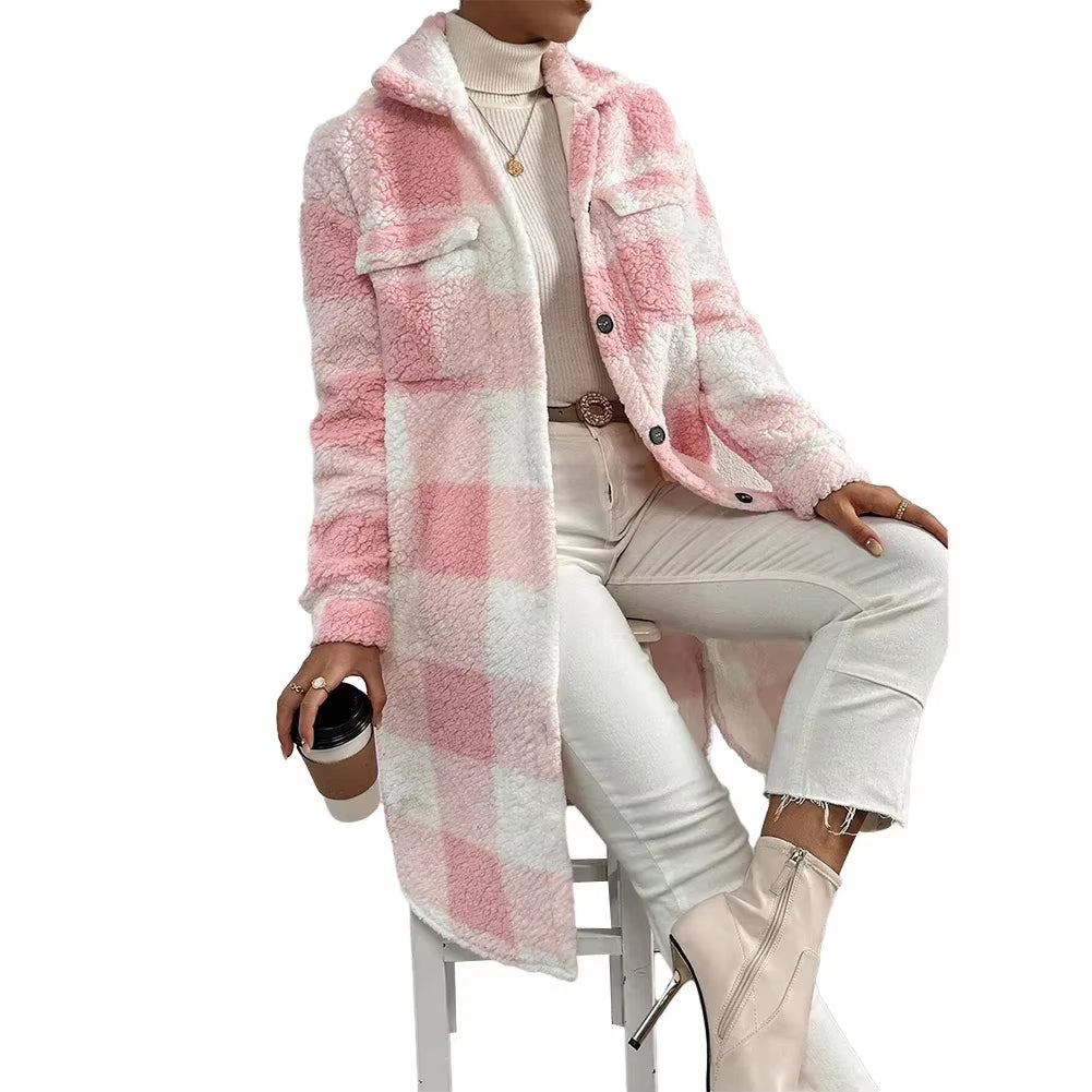 Outwear Jacket Holiday Ladies Winter Warm Outwear Plaid Long Jacket Shacket Cardigan Womens Tartan Check Jacket