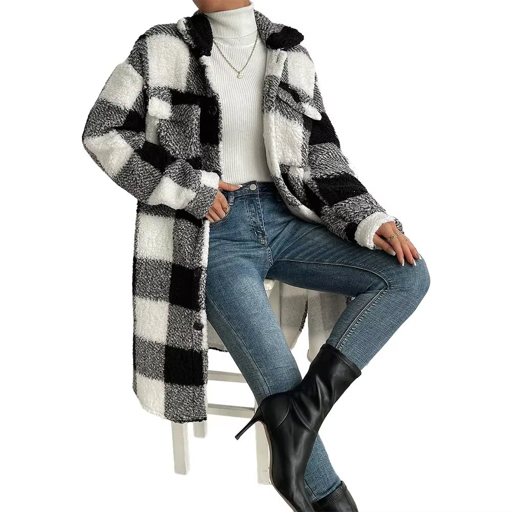 Outwear Jacket Holiday Ladies Winter Warm Outwear Plaid Long Jacket Shacket Cardigan Womens Tartan Check Jacket